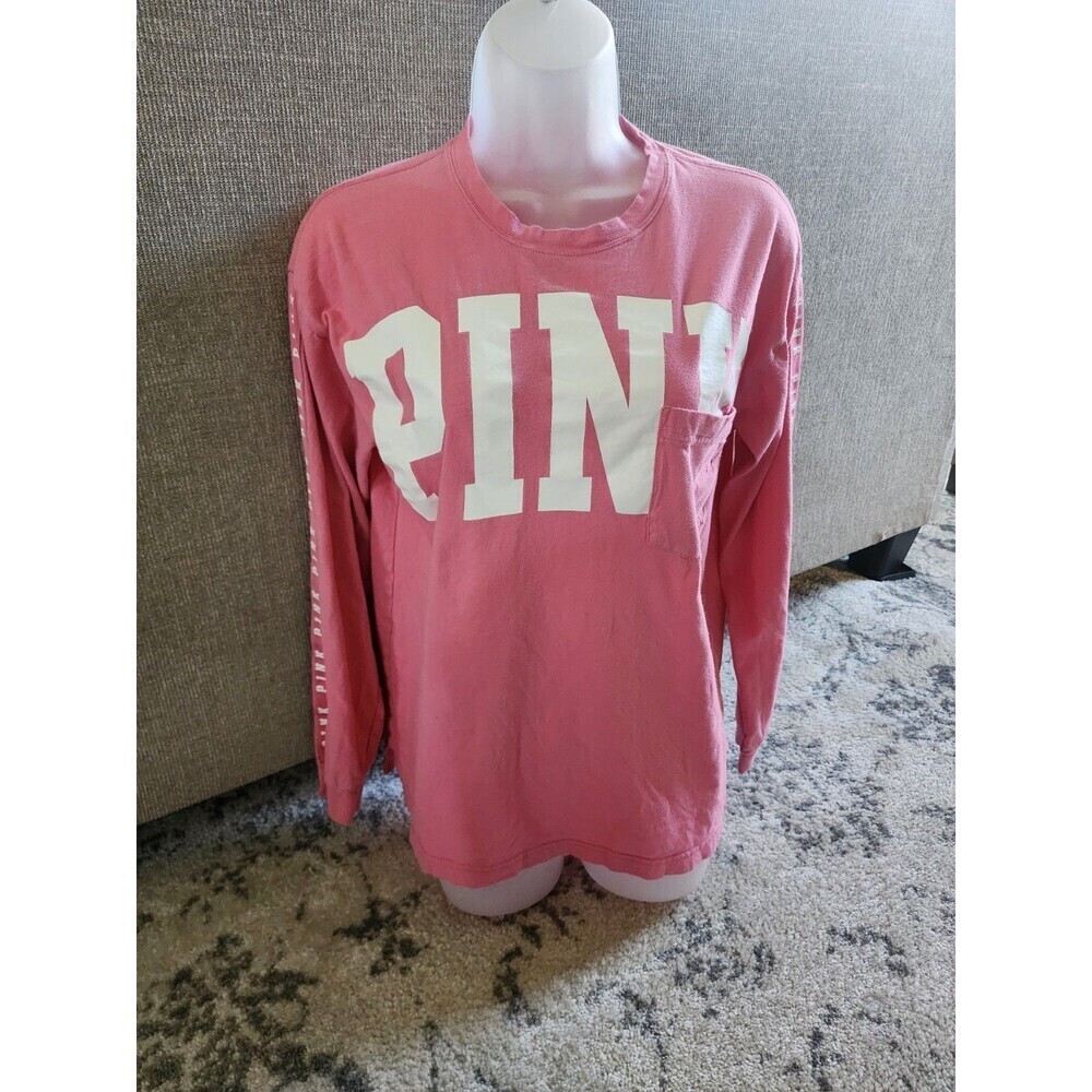 Victoria’s Secret Pink Oversized Long-Sleeve Shirt Logo PINK WHITE SIZE SMALL - Picture 1 of 8